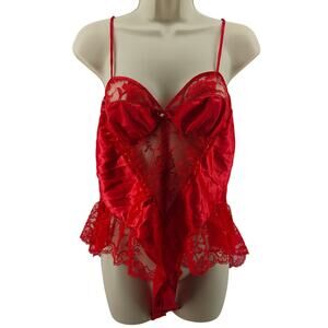 Vintage Glossy Lipstick Red Satin Lace Teddy Unlined Womens Medium